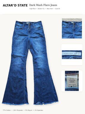 Altar’d State High Rise Triple Button Flare Jeans Dark Wash Frayed Hem Size 30